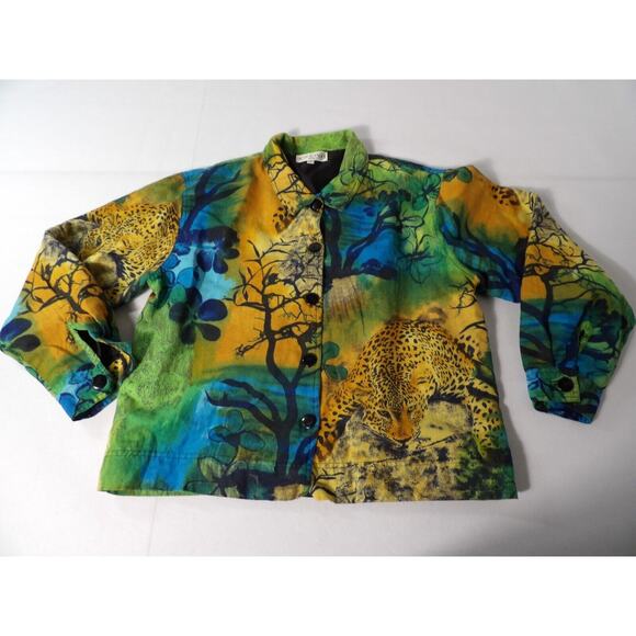 Kaktus USA Linen Top Blouse Button up Cheetah Animal Africa Trees Art to Wear Co - Picture 6 of 15